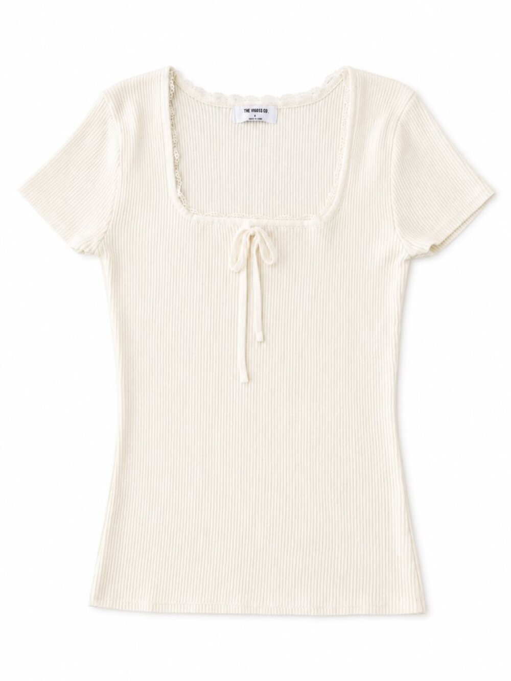 The Workshop Women's S White Ribbed Square Neck Tie Front Short Sleeve Top